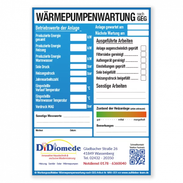 Wartungsaufkleber für Wärmepumpen mit Firmeneindruck vom Fachbetrieb DiDiomede