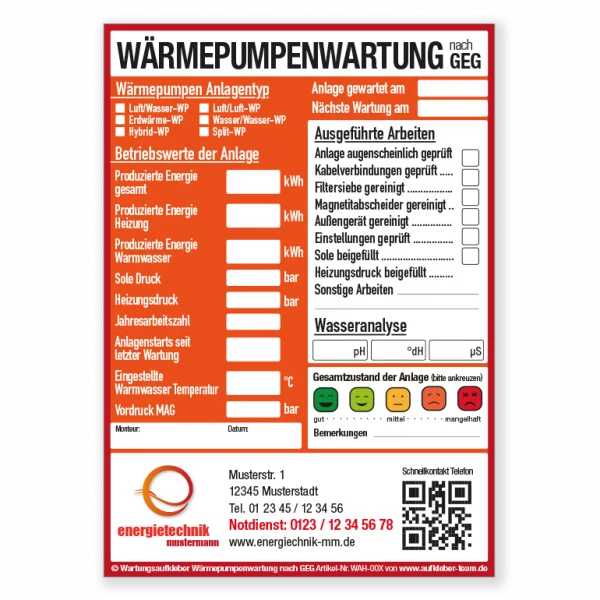 Wartungsaufkleber für Wärmepumpen mit Firmeneindruck, Logo und QR-Code